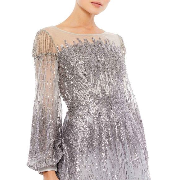 Mac Duggal Jewel Encrusted Illusion Long Sleeve A Line Gown Platinum Size 12 NWT - Picture 3 of 12